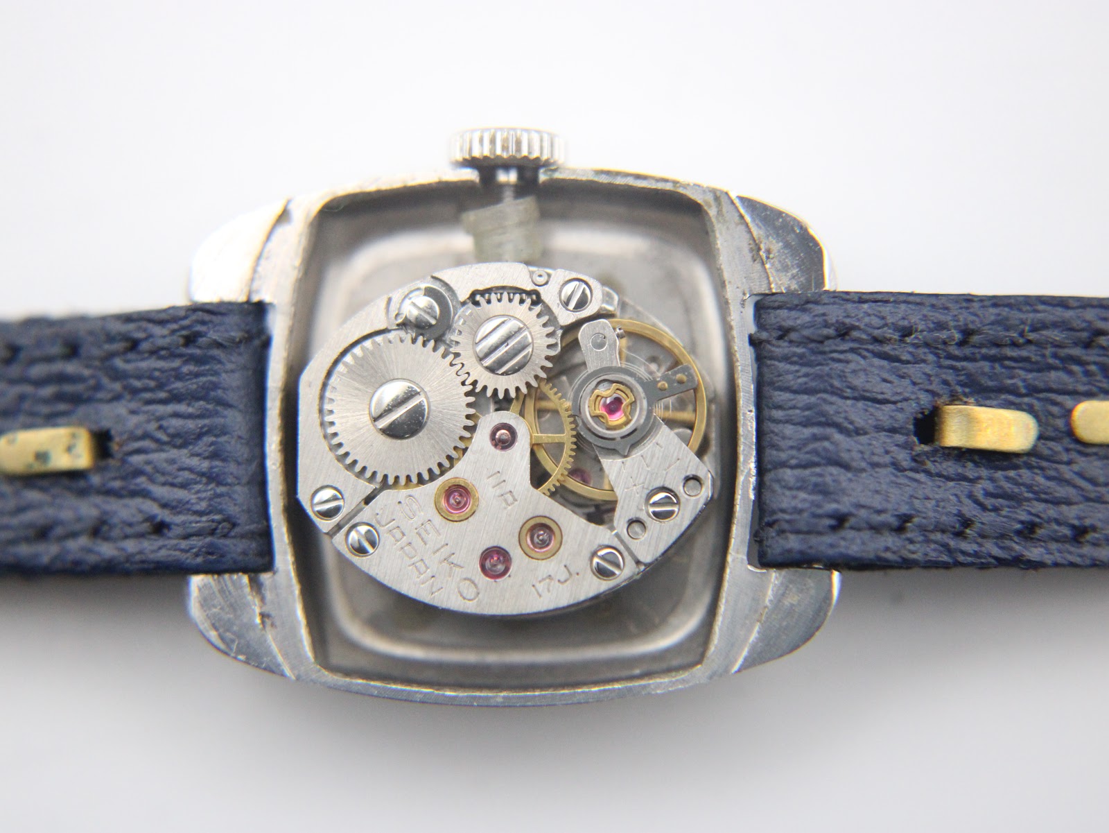 Rear view of the watch, showing the stainless steel case back engraving: Seiko, 441206, 11-3490.