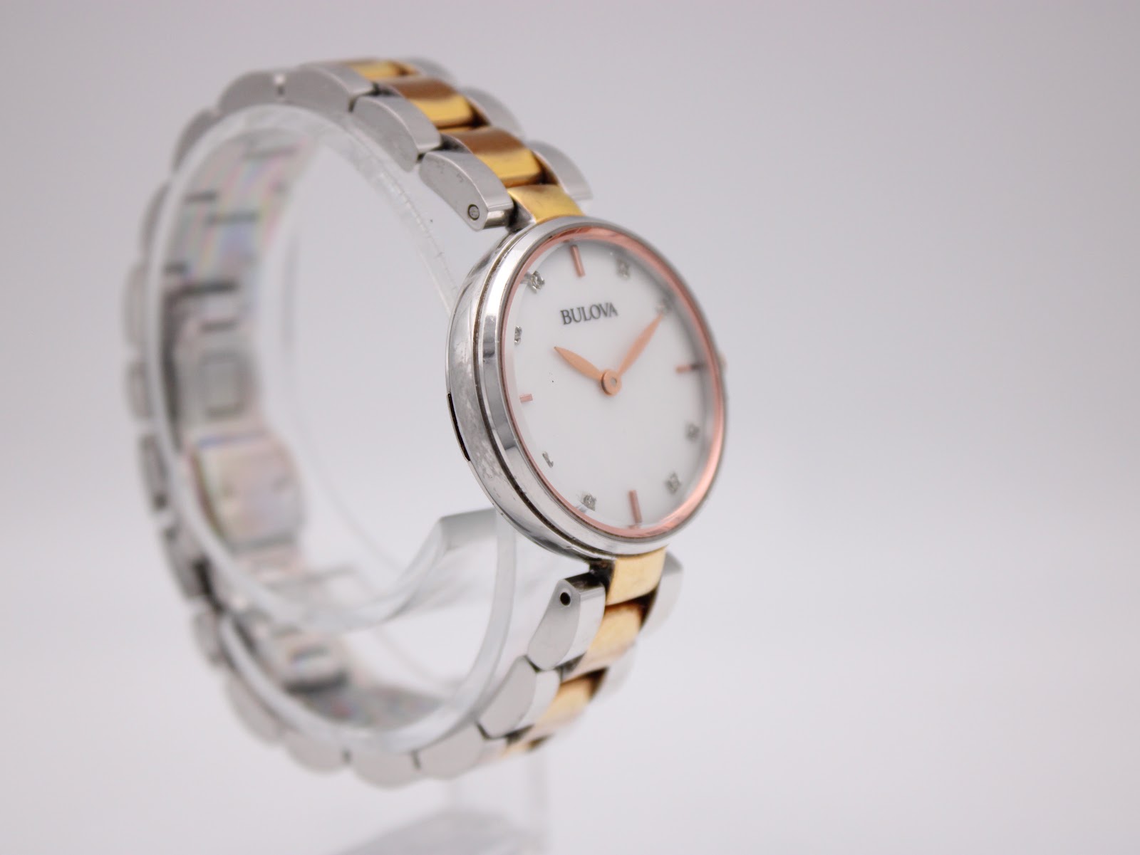 Another side profile view of the Bulova watch, showcasing the case and bracelet.