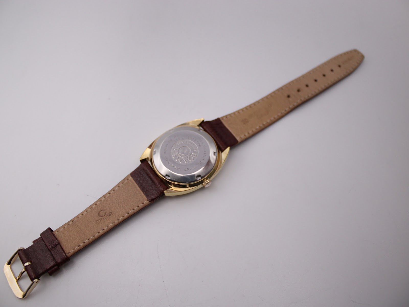 Full length back view of the watch, strap, and gold-toned buckle.