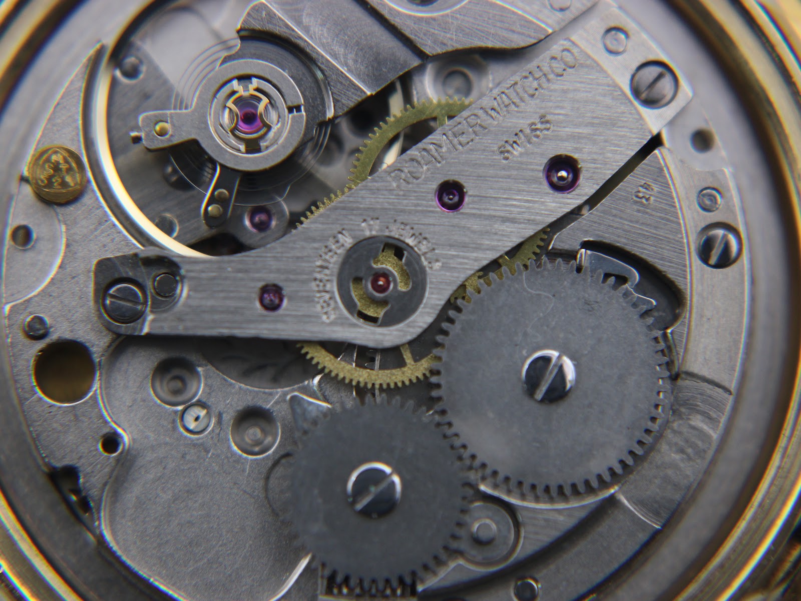 Another close-up of the Roamer manual wind movement, highlighting jewel bearings and balance wheel.