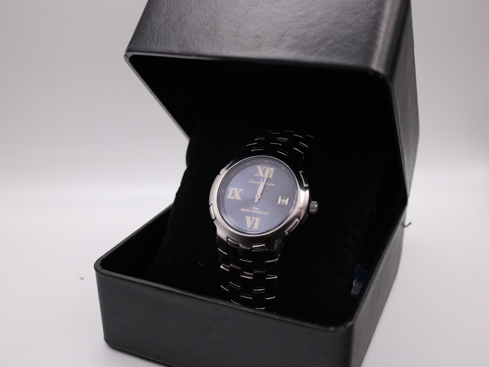 Gianni Sabatini watch displayed in an open black presentation box.