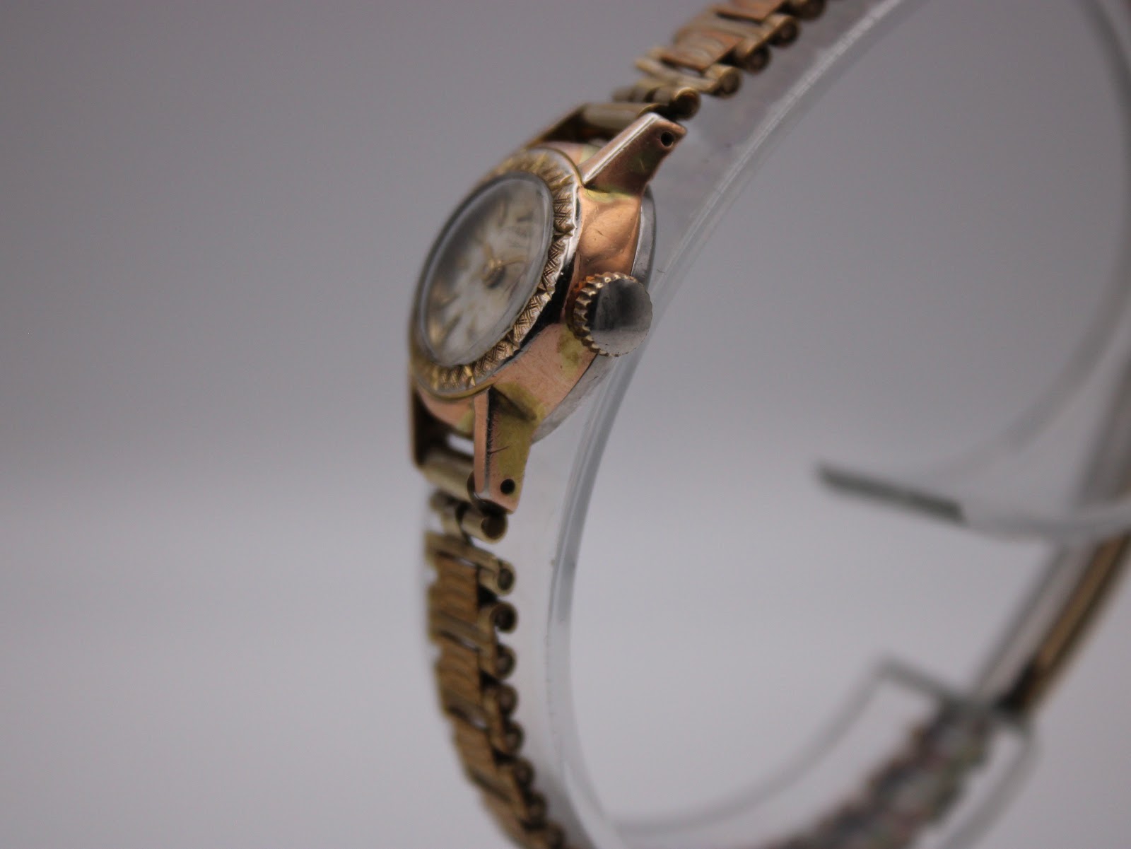 Side profile of the Rotary watch on a clear stand, showing the crown and case shape.