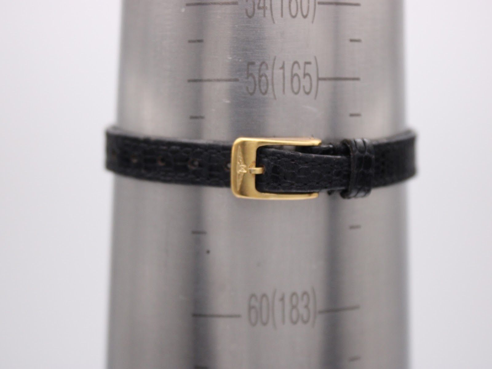 The watch strap fastened around a wrist sizing gauge, indicating a wrist circumference of approximately 16.5cm.
