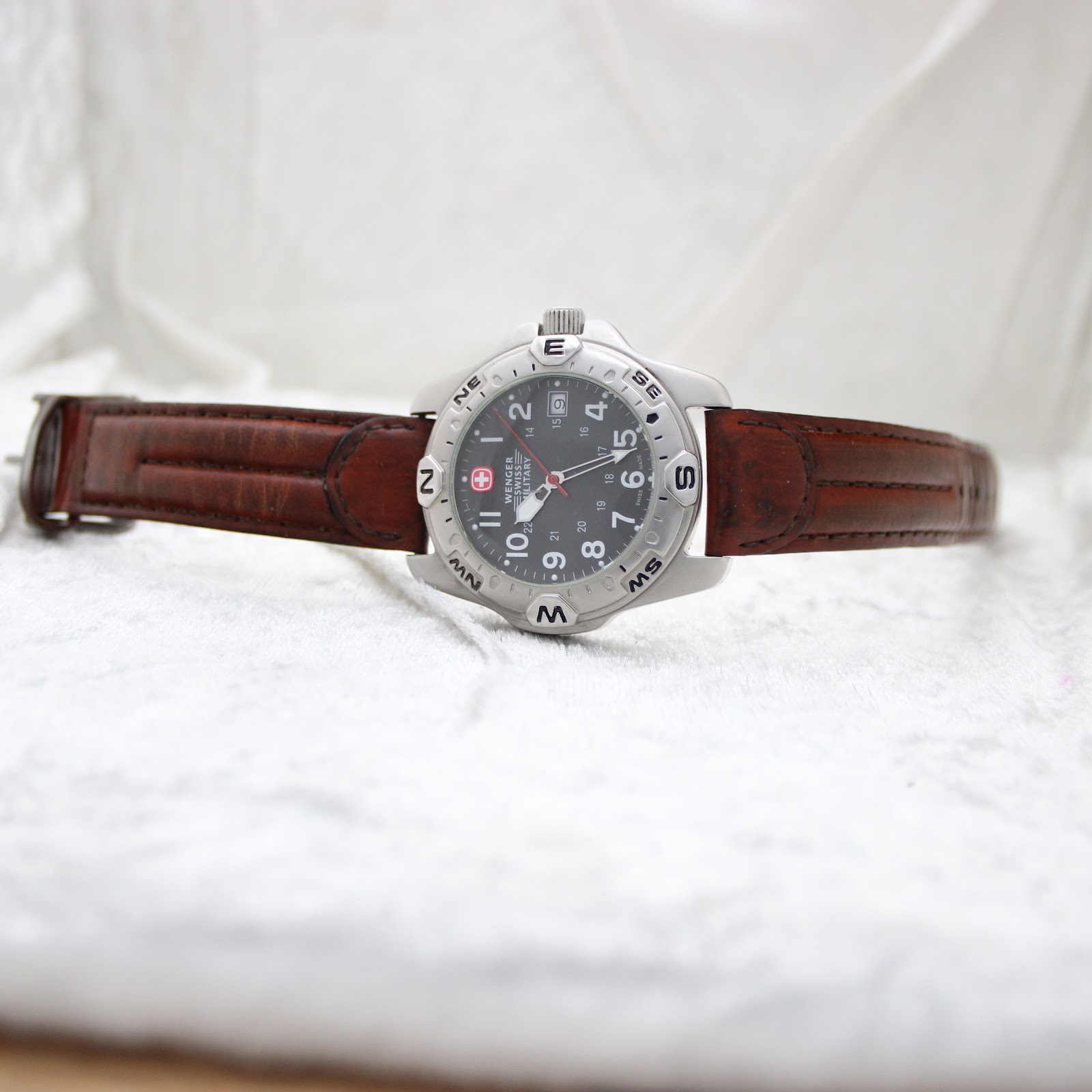 Angled full view of the watch on a stand, showcasing the black dial, compass bezel, and brown strap.