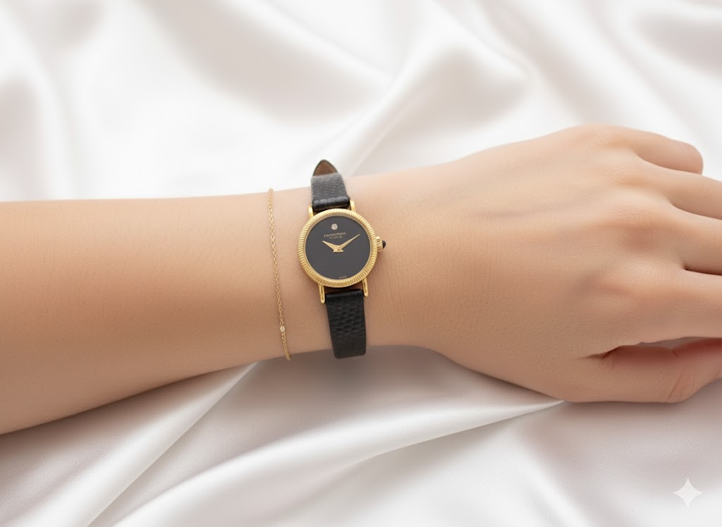 The Raymond Weil 544 watch on a wrist, demonstrating its size and elegant appearance, with a gold chain bracelet alongside.