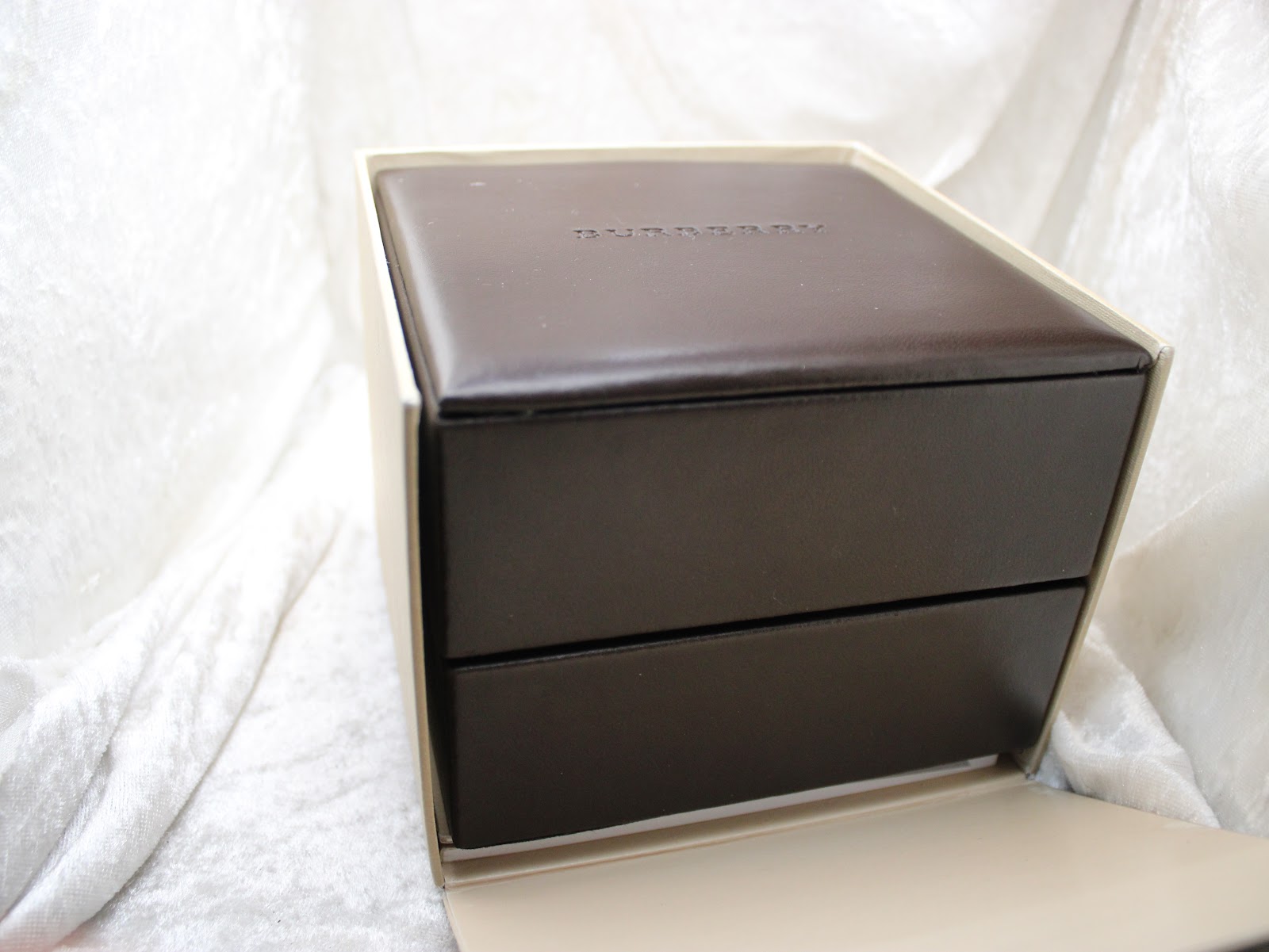 Closed view of the brown Burberry watch box, showing the embossed logo on the lid.