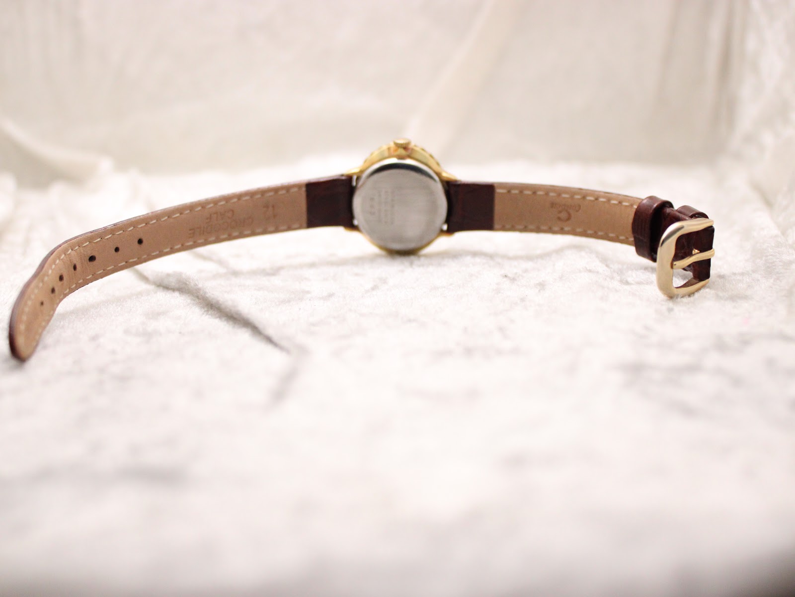 Full length view of the brown leather strap with a gold-tone buckle, showing the pin holes and the complete strap assembly.