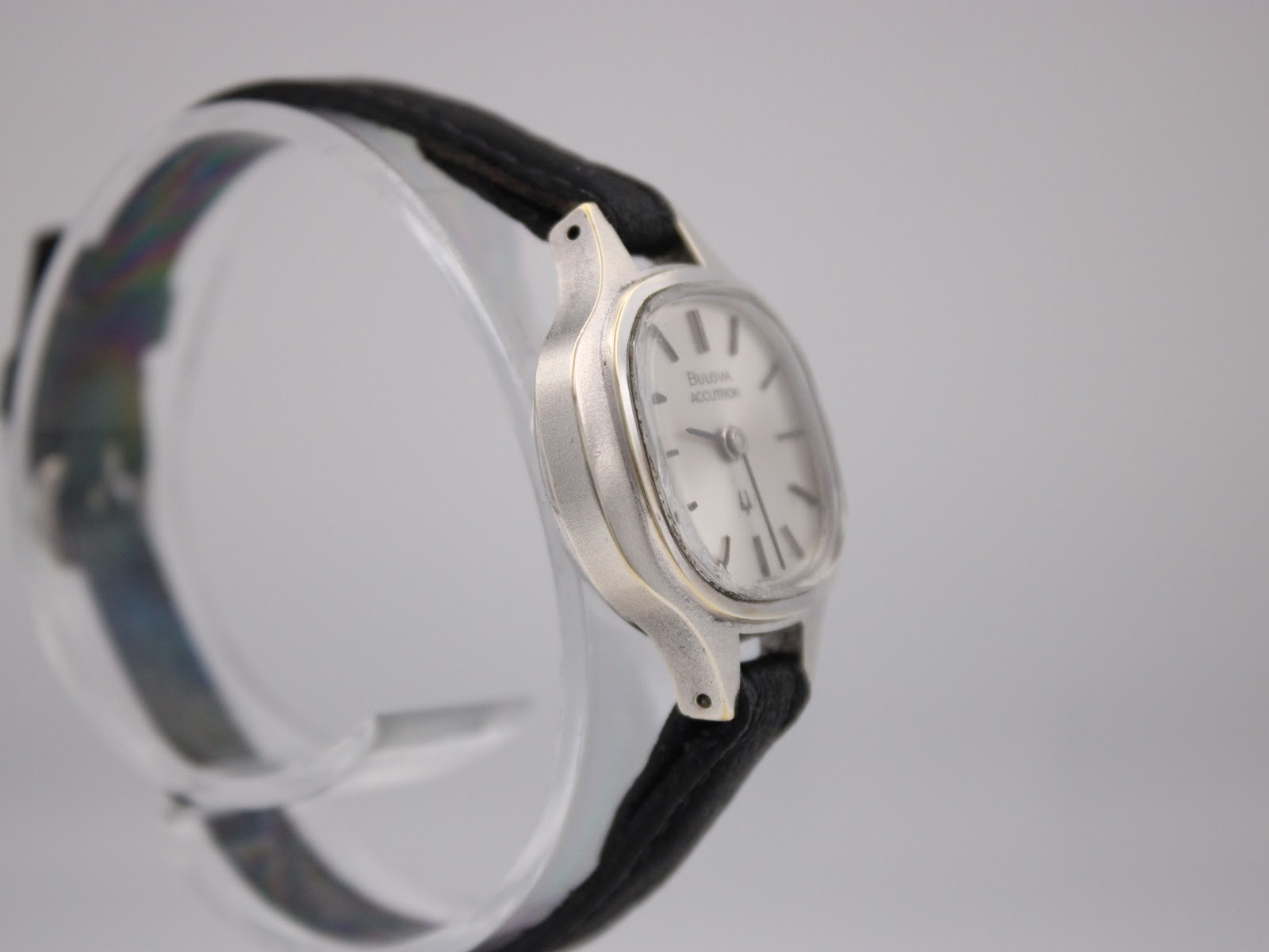 Side view of the Bulova Accutron watch case, showing the profile and lug design.